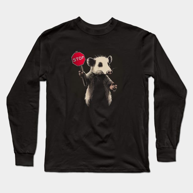 Possum Stop - Opossum Holding a Stop Sign Long Sleeve T-Shirt by Barn Shirt USA